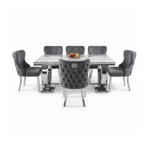 Arianna Marble Top Dining Table with London Lion Knocker Chairs - Pendle Village Furniture