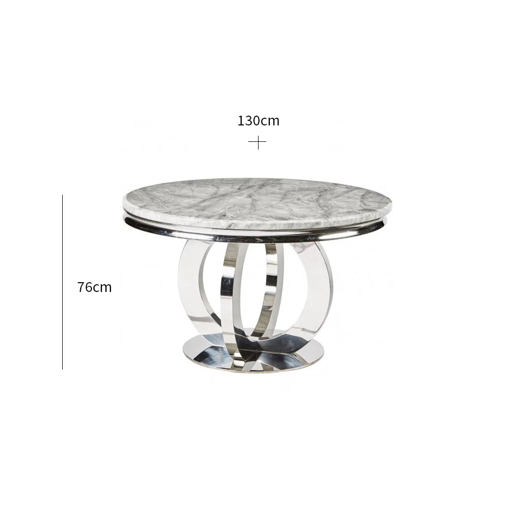 Arianna Round Marble Top Dining Table with 4 Bentley Chairs. Choose from 5 colours for marble table top. Bentley Chair available in 3 colours - Dining Table Dimensions 
