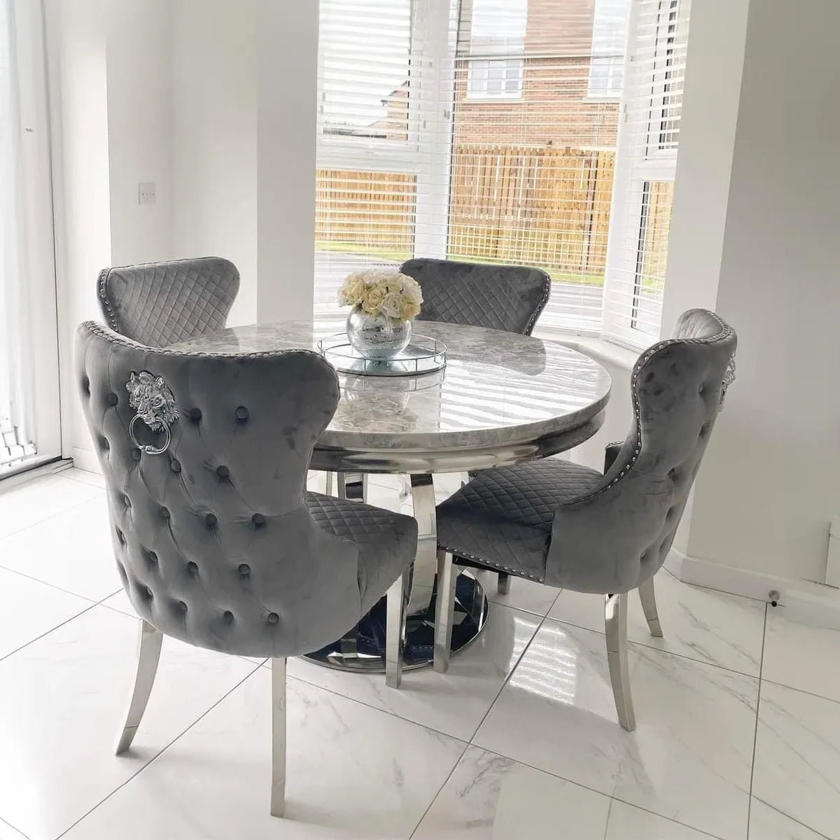 Arianna Round Marble Top Dining Table with 4 Bentley Chairs - Pendle Village Furniture