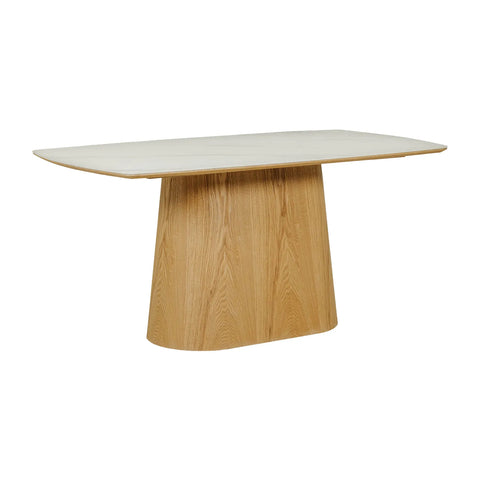 Arlen 160cm White Marble Ceramic Dining Table with Oak Pedestal Base - Pendle Village Furniture
