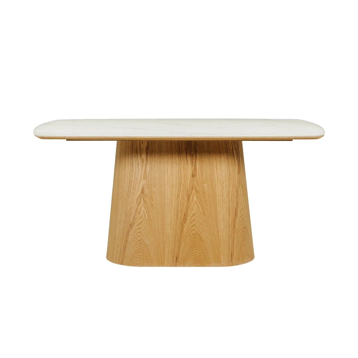 Arlen 160cm White Marble Ceramic Dining Table with Oak Pedestal Base - Pendle Village Furniture