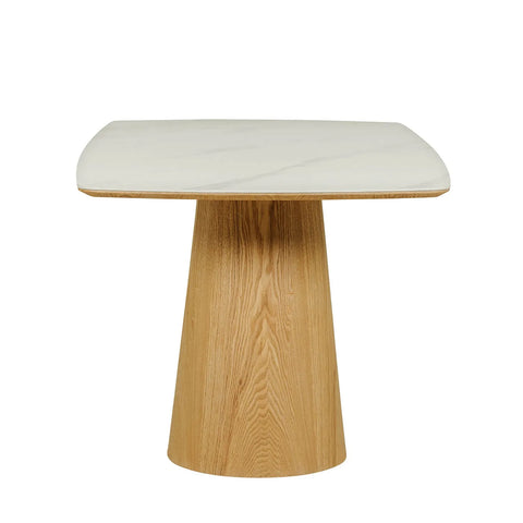 Arlen 200cm White Marble Ceramic Dining Table with Oak Pedestal Base - Pendle Village Furniture