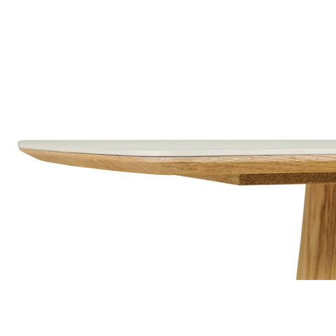 Arlen 200cm White Marble Ceramic Dining Table with Oak Pedestal Base - Pendle Village Furniture