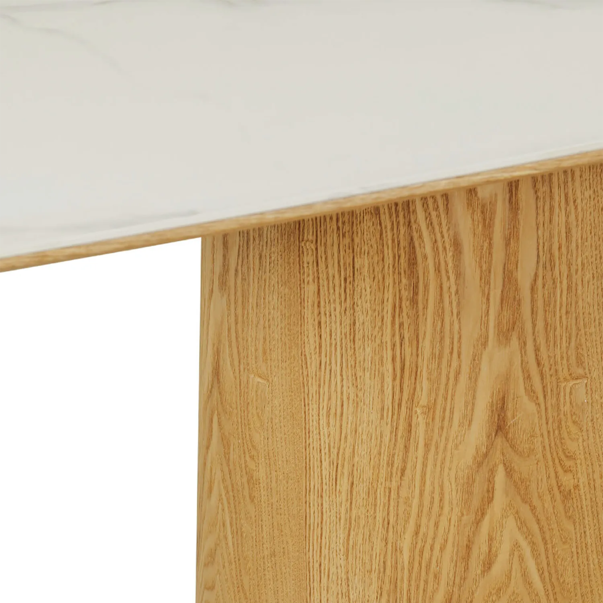 Arlen 200cm White Marble Ceramic Dining Table with Oak Pedestal Base - Pendle Village Furniture