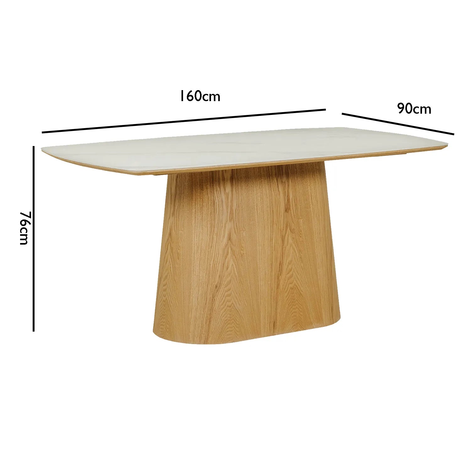 Arlen 160cm White Marble Ceramic Dining Table with Oak Pedestal Base - Pendle Village Furniture