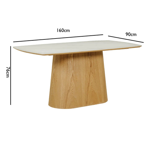 Arlen 160cm White Marble Ceramic Dining Table with Oak Pedestal Base - Pendle Village Furniture