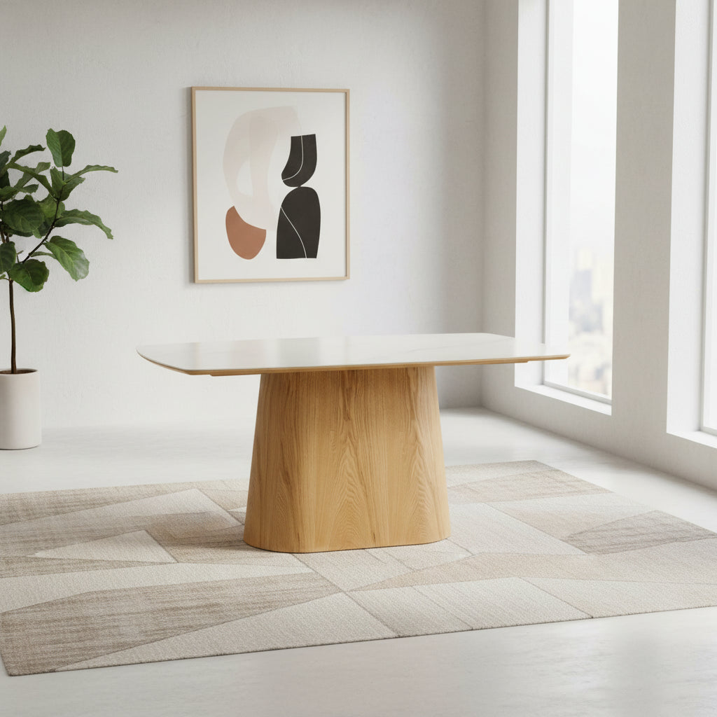 Arlen 160cm White Marble Ceramic Dining Table with Oak Pedestal Base - Pendle Village Furniture