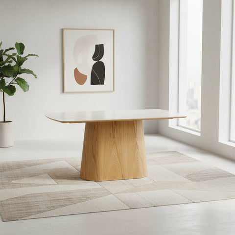 Arlen 160cm White Marble Ceramic Dining Table with Oak Pedestal Base - Pendle Village Furniture