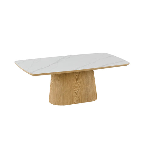 Arlen 200cm White Marble Ceramic Dining Table with Oak Pedestal Base - Pendle Village Furniture
