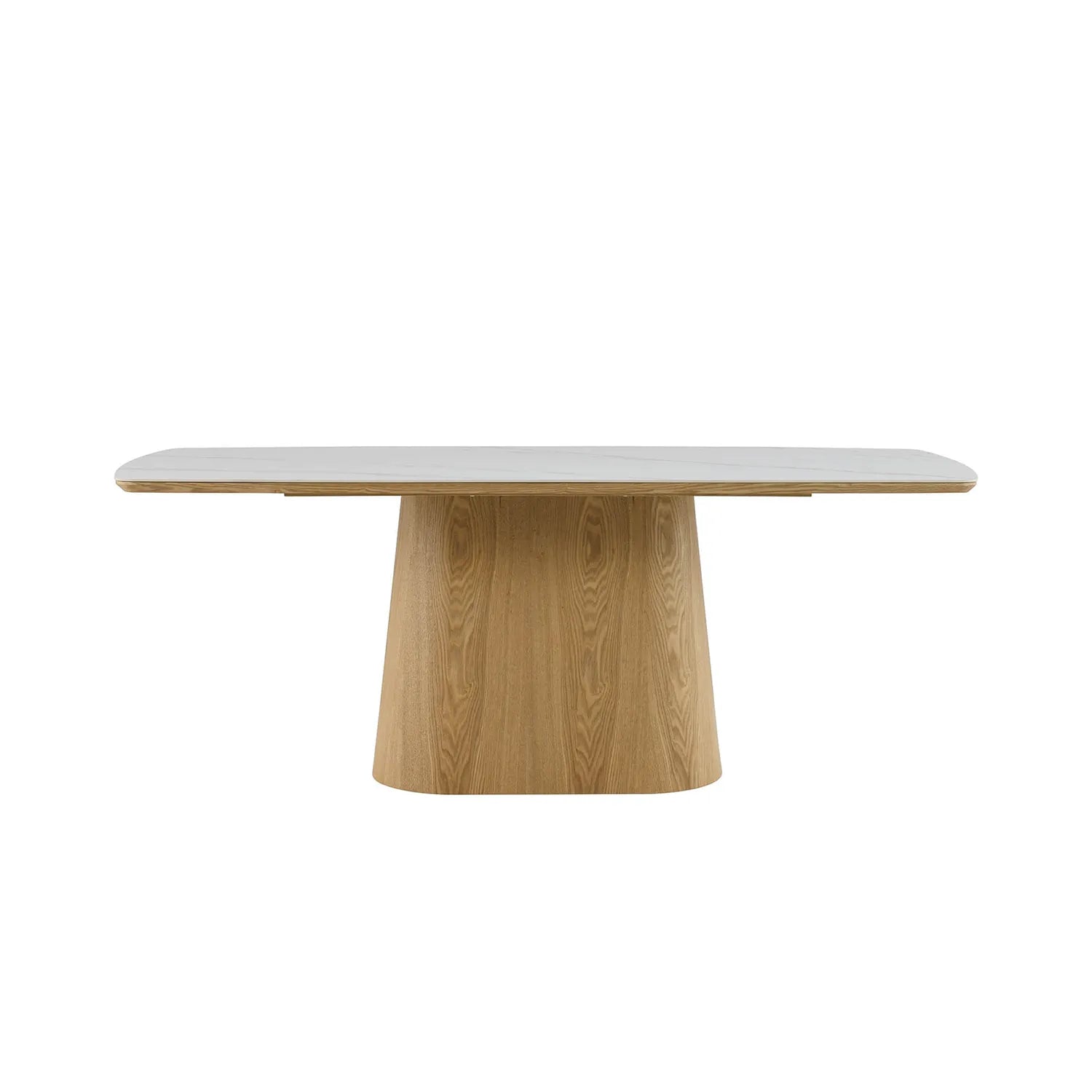 Arlen 200cm White Marble Ceramic Dining Table with Oak Pedestal Base - Pendle Village Furniture