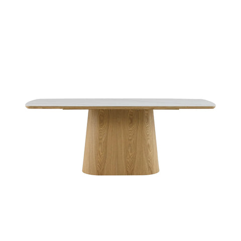 Arlen 200cm White Marble Ceramic Dining Table with Oak Pedestal Base - Pendle Village Furniture