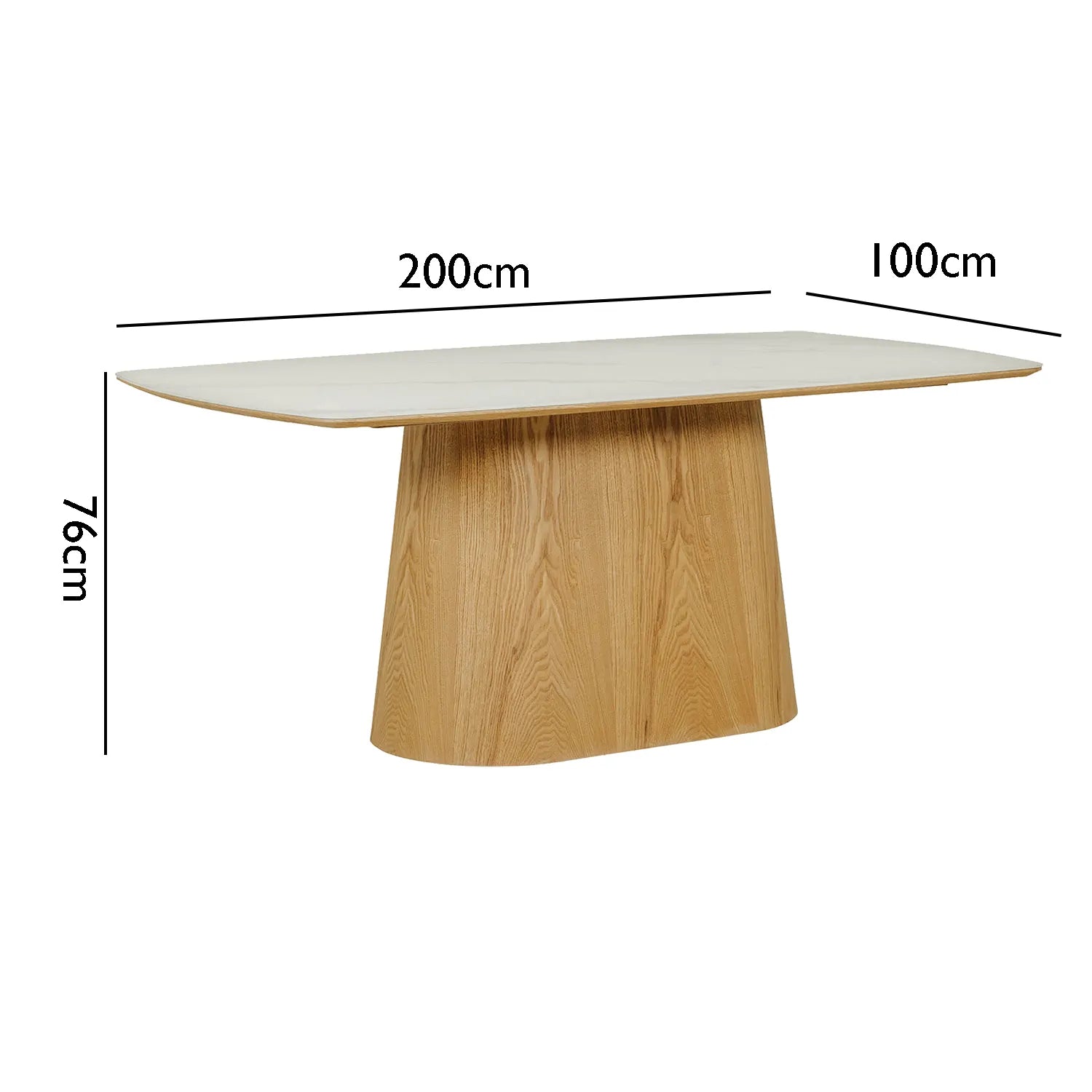 Arlen 200cm White Marble Ceramic Dining Table with Oak Pedestal Base - Pendle Village Furniture