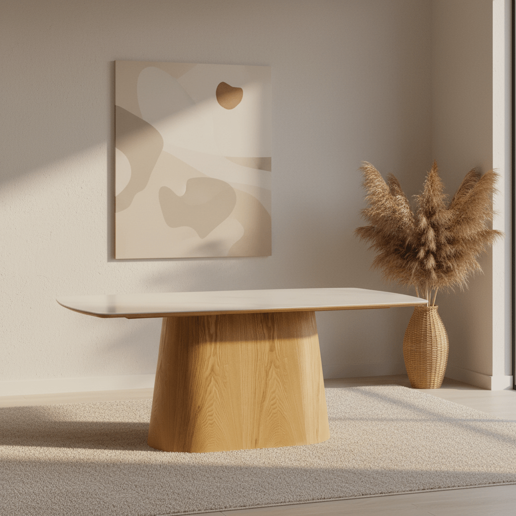 Arlen 200cm White Marble Ceramic Dining Table with Oak Pedestal Base