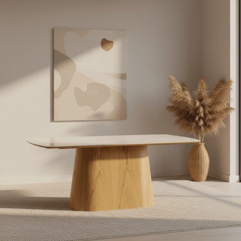 Arlen 200cm White Marble Ceramic Dining Table with Oak Pedestal Base