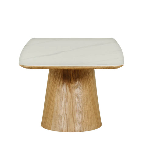 Arlen White Marble Ceramic Coffee Table with Oak Pedestal Base - Pendle Village Furniture
