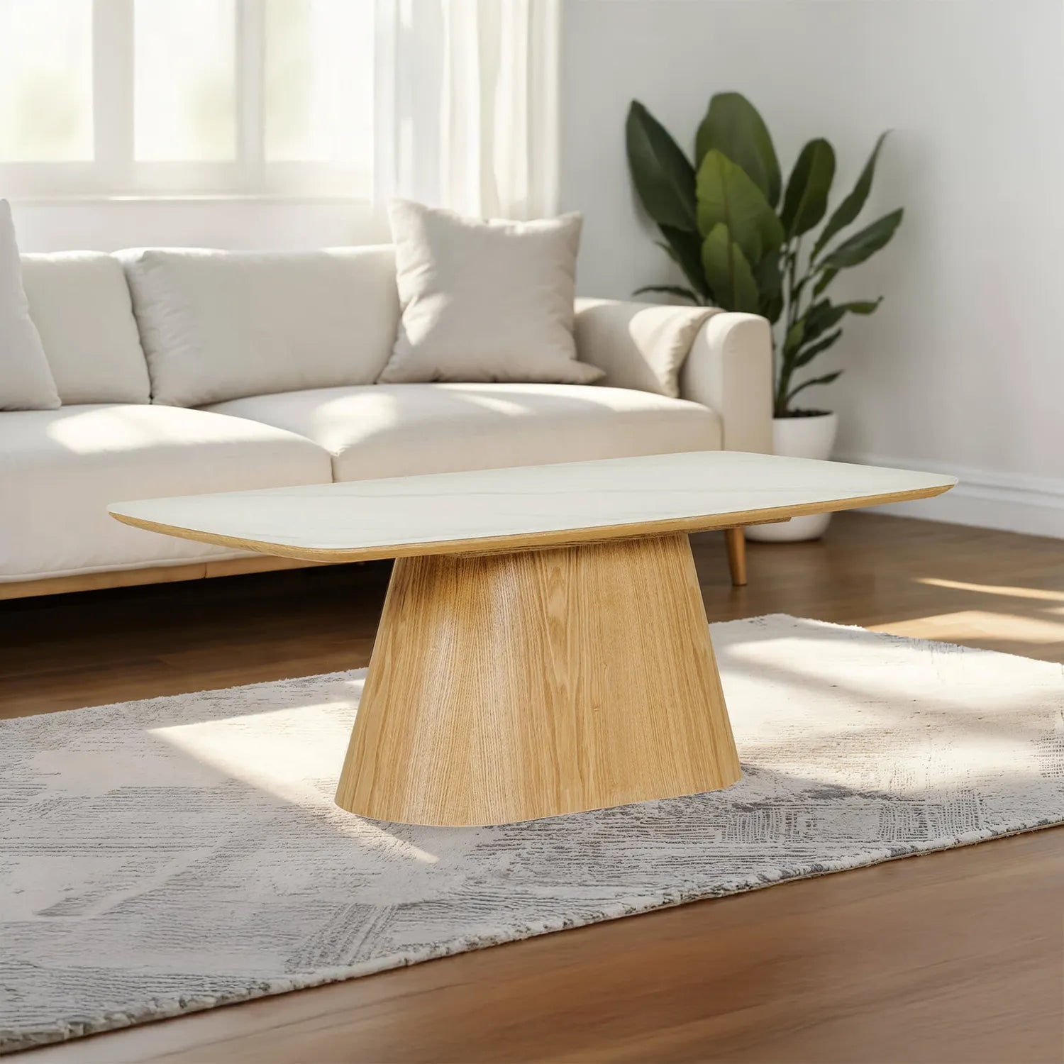 Arlen White Marble Ceramic Coffee Table with Oak Pedestal Base - Pendle Village Furniture