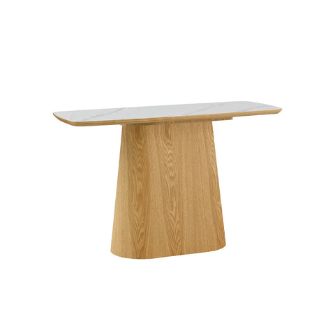 Arlen White Marble Ceramic Console Table with Oak Pedestal Base - Pendle Village Furniture