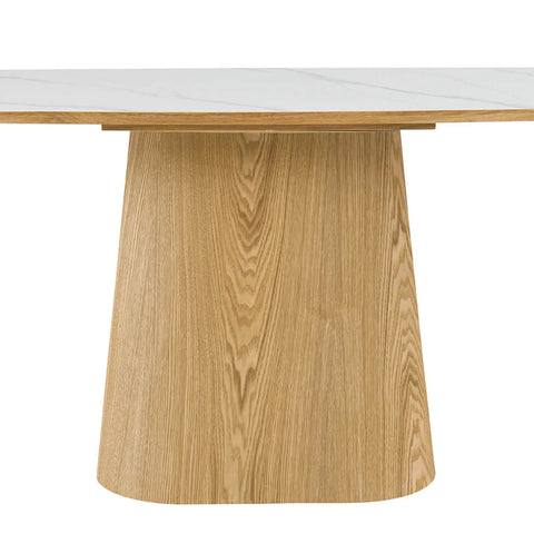 Arlen White Marble Ceramic Console Table with Oak Pedestal Base - Pendle Village Furniture