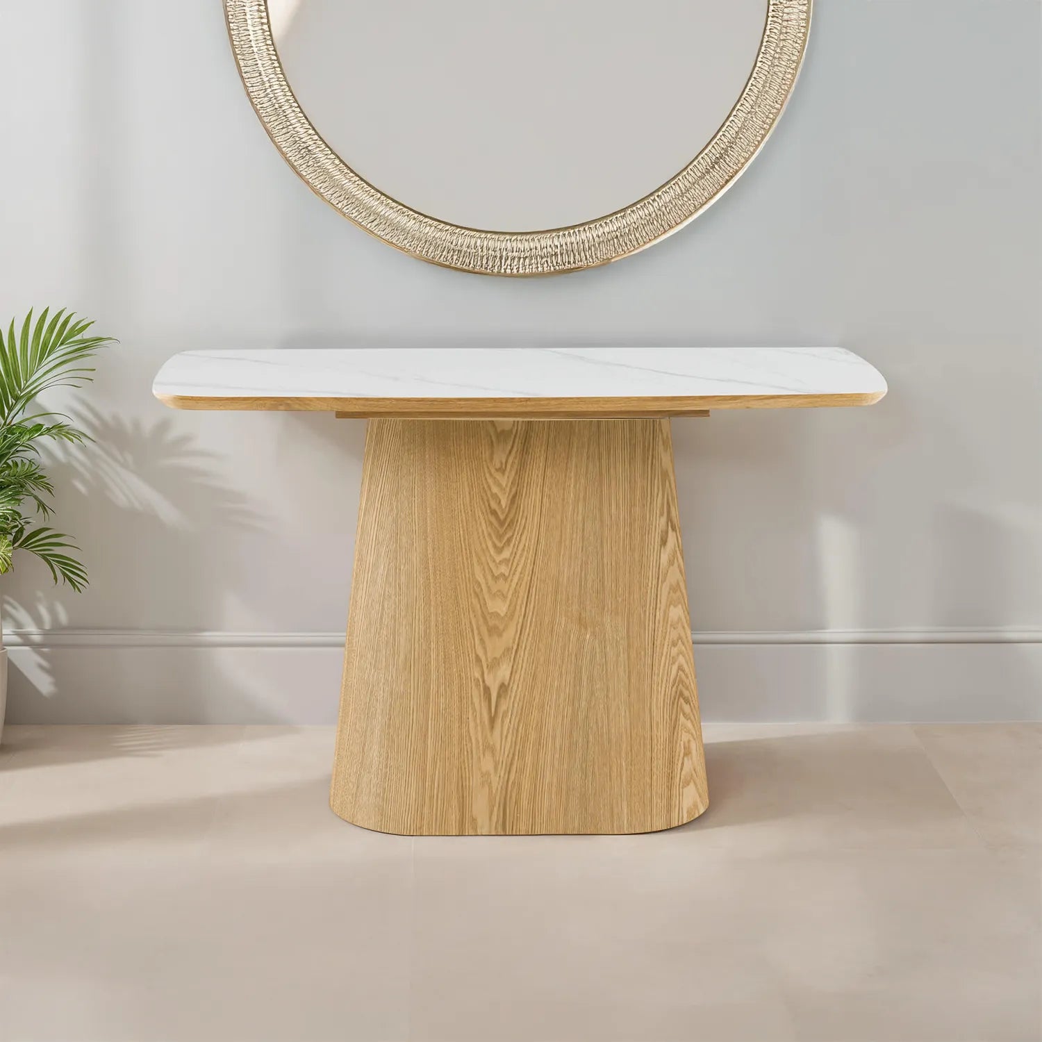 Arlen White Marble Ceramic Console Table with Oak Pedestal Base - Pendle Village Furniture