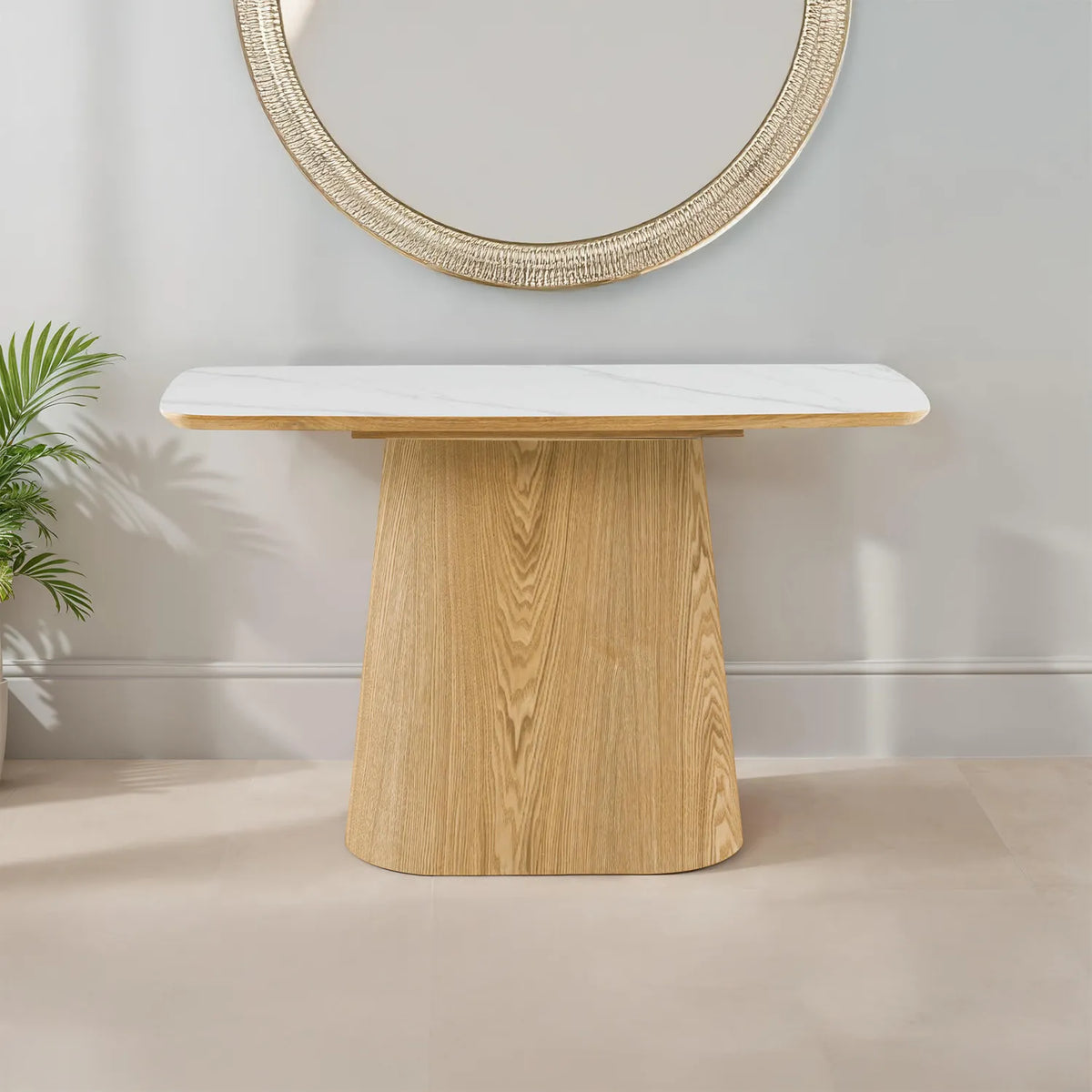 Arlen White Marble Ceramic Console Table with Oak Pedestal Base - Pendle Village Furniture