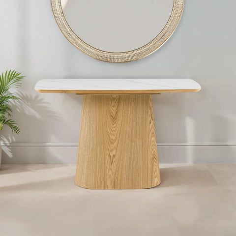 Arlen White Marble Ceramic Console Table with Oak Pedestal Base - Pendle Village Furniture