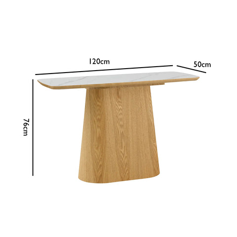 Arlen White Marble Ceramic Console Table with Oak Pedestal Base - Pendle Village Furniture