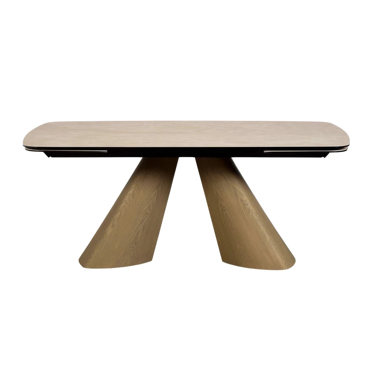 Shop the Arlo Cream Ceramic Extending Dining Table, 180-260cm. Spanish ceramic on tempered glass with sculptural natural ash wood pedestal bases.