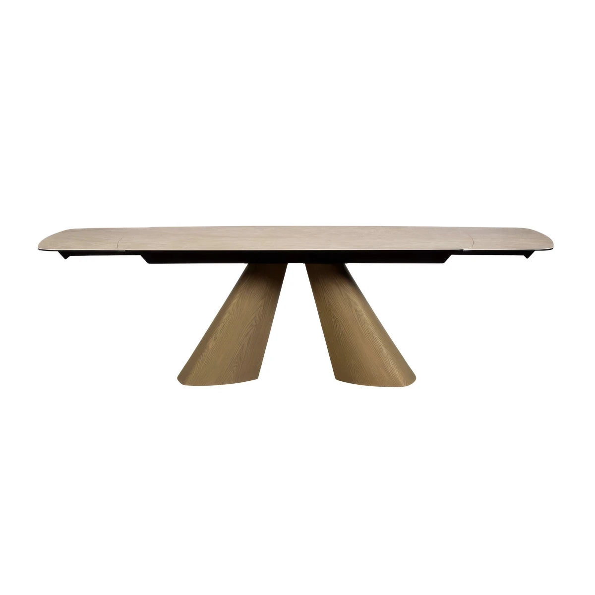Arlo Cream Ceramic Extending Dining Table, 180-260cm. Spanish ceramic on tempered glass with sculptural natural ash wood pedestal bases.
