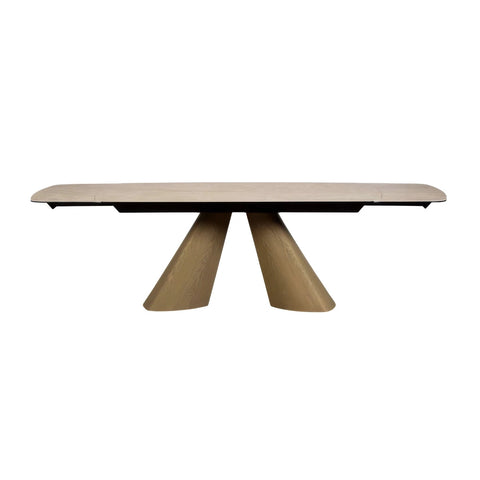 Arlo Cream Ceramic Extending Dining Table, 180-260cm. Spanish ceramic on tempered glass with sculptural natural ash wood pedestal bases.