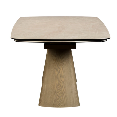 Arlo Cream Ceramic Extending Dining Table, Spanish ceramic on tempered glass with sculptural natural ash wood pedestal bases.