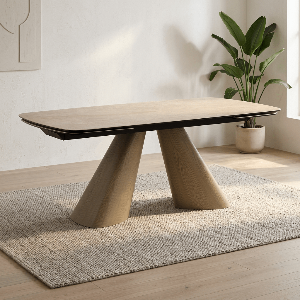 A modern rectangular dining table with a Cream Ceramic top and Light Oak angled pedestal legs, shown in a Living Room