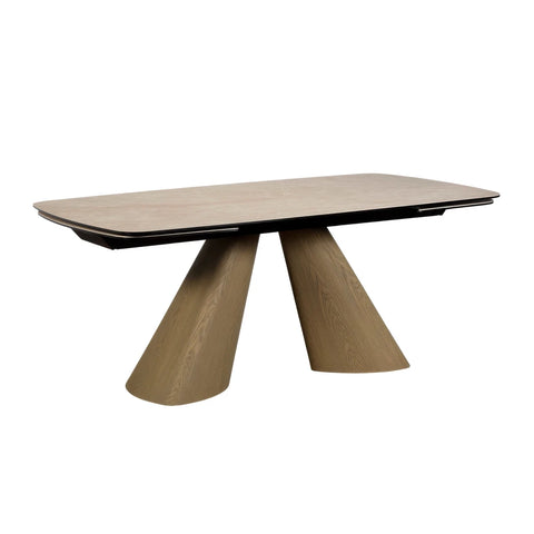 A modern rectangular dining table with a Cream Ceramic top and Light Oak angled pedestal legs, shown on a solid white background.