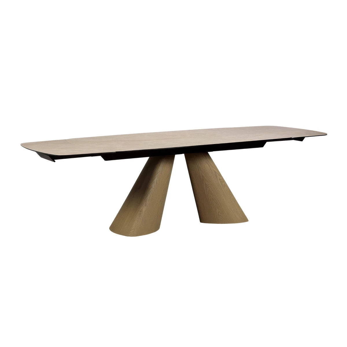 A modern rectangular dining table with a light oak wood top and a sculptural tripod base made of matching wood, shown on a plain white background.