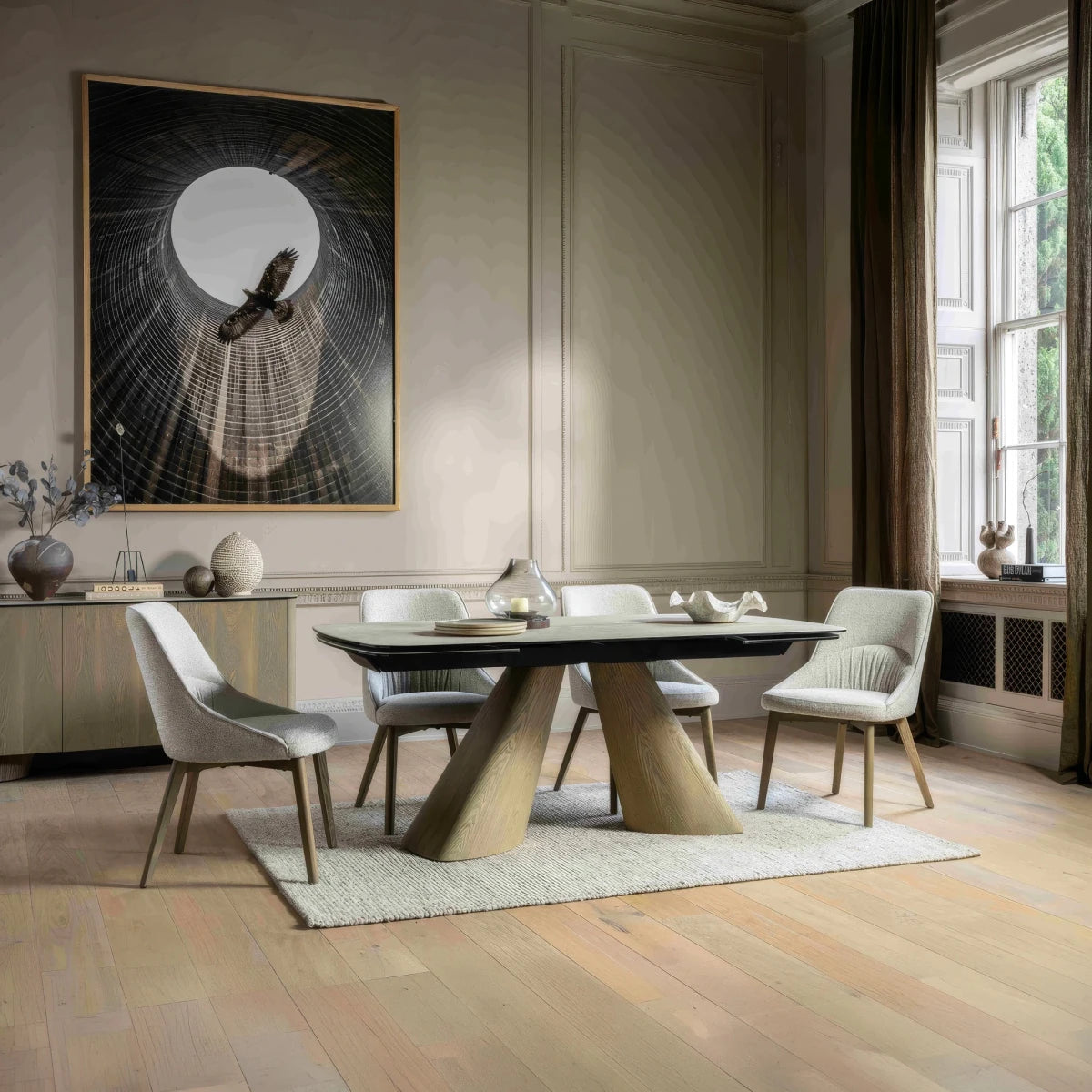 Arlo Cream Ceramic Extending Dining Table with Oatmeal Fabric Chairs