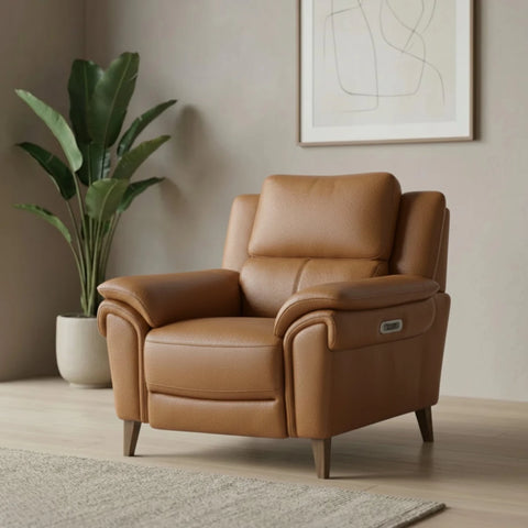 Luxury leather recliner chair with adjustable headrest and soft cushioning.