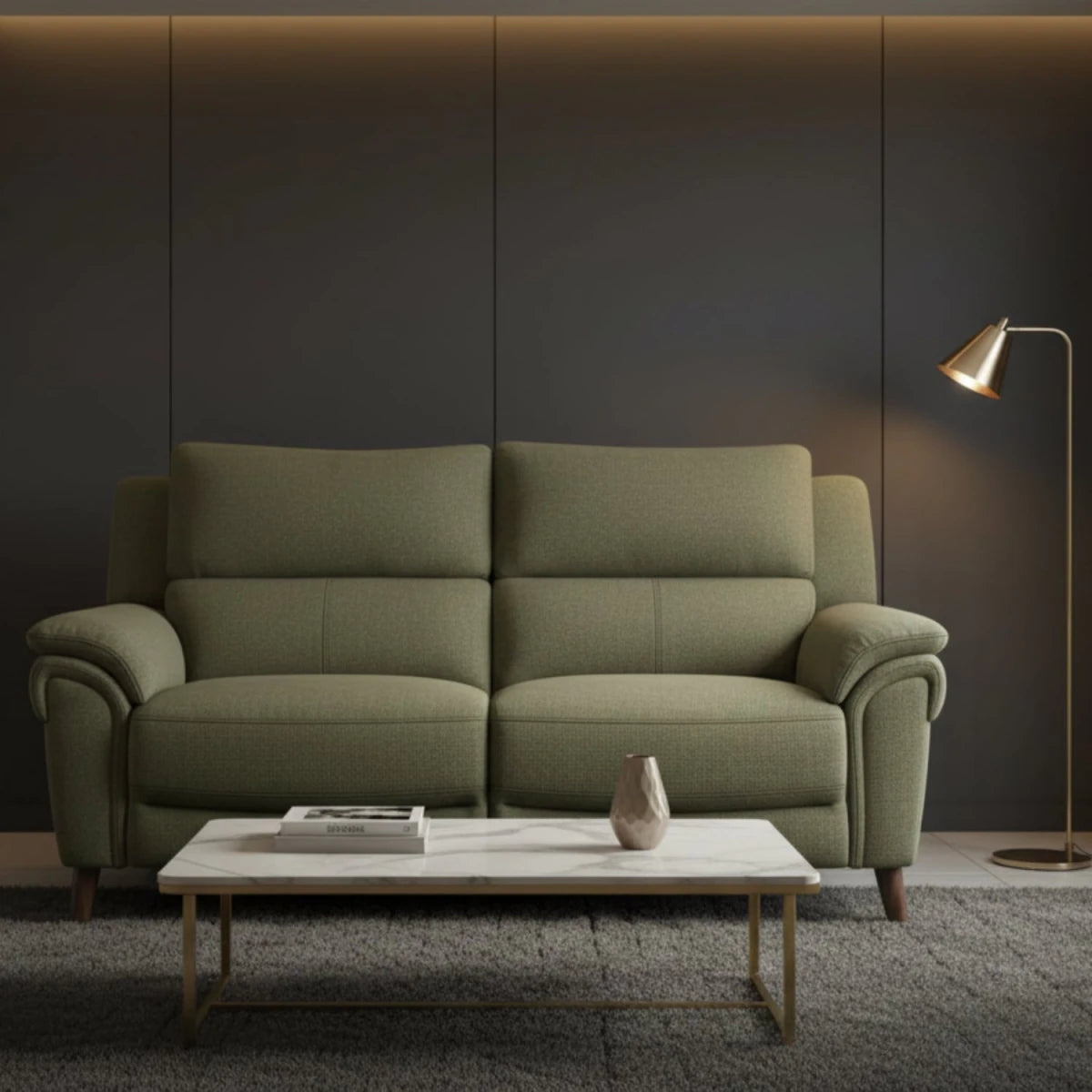 Modern three-seater recliner sofa with coil sprung foam seating.