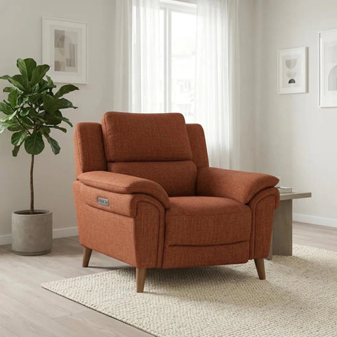 Arlo Manhattan power recliner armchair with high back and USB charging.