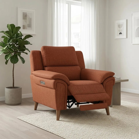 Stylish single recliner chair with padded arms and power function.