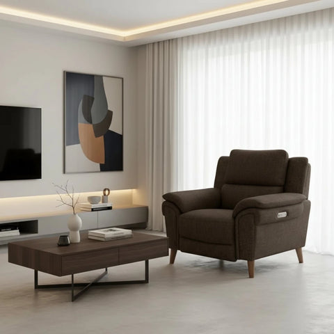 Stylish single recliner chair with padded arms and power function.