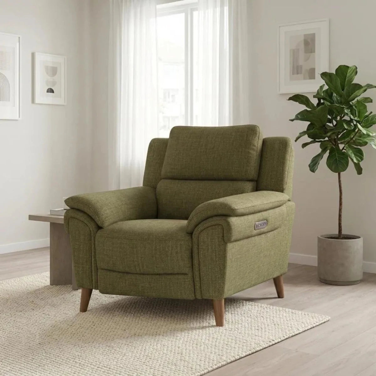Modern recliner chair with adjustable headrest and soft upholstery.