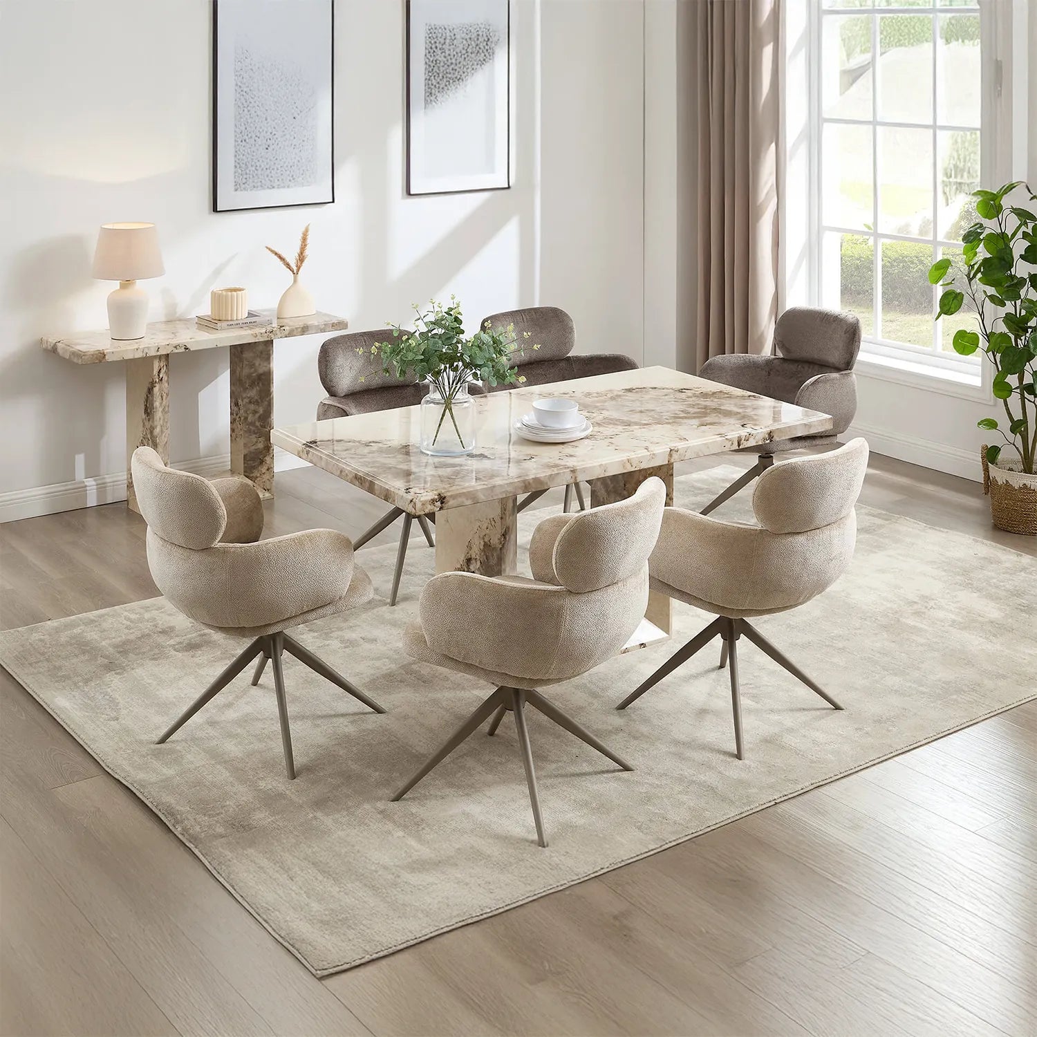 Arsenal Mottled Mocha Marble Dining Table with 4 Apollo Swivel Dining Chairs - Pendle Village Furniture