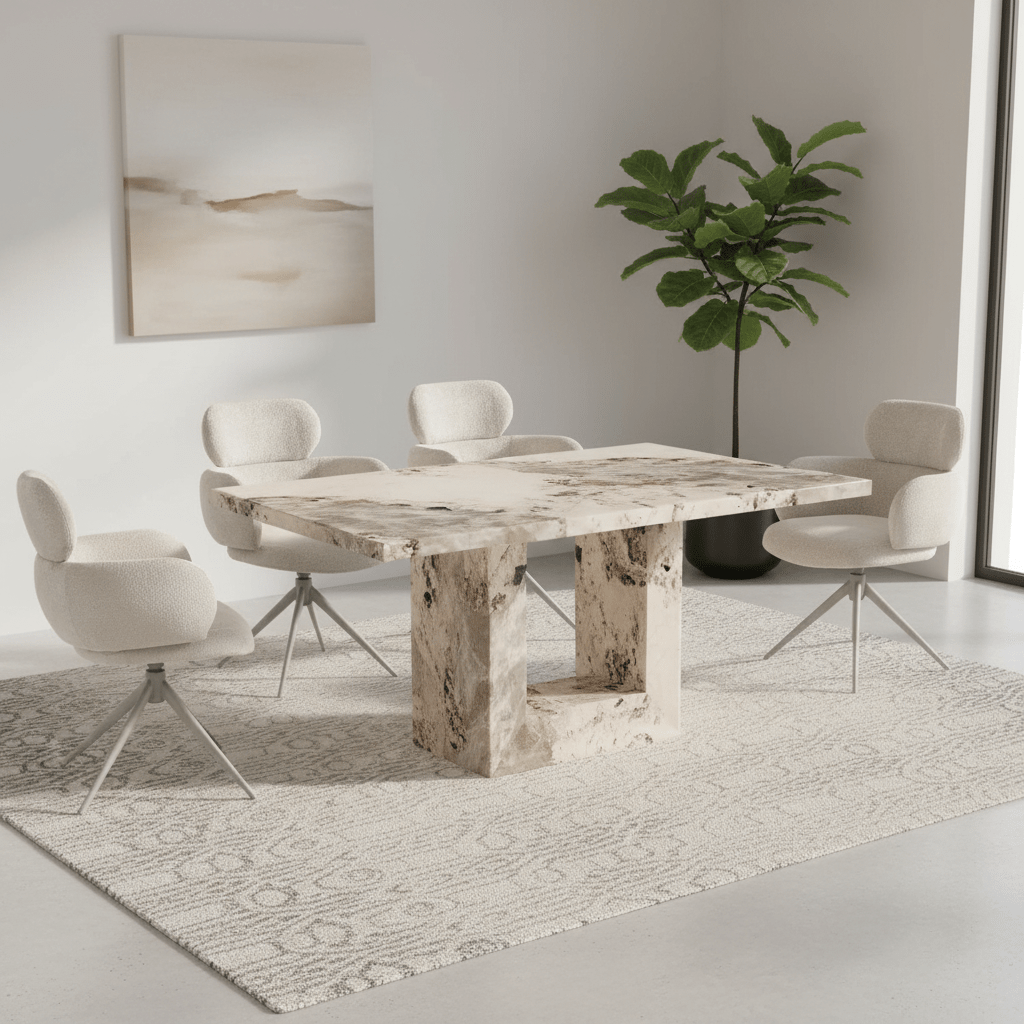 Arsenal Mottled Mocha Marble Dining Table with 4 Apollo Swivel Dining Chairs