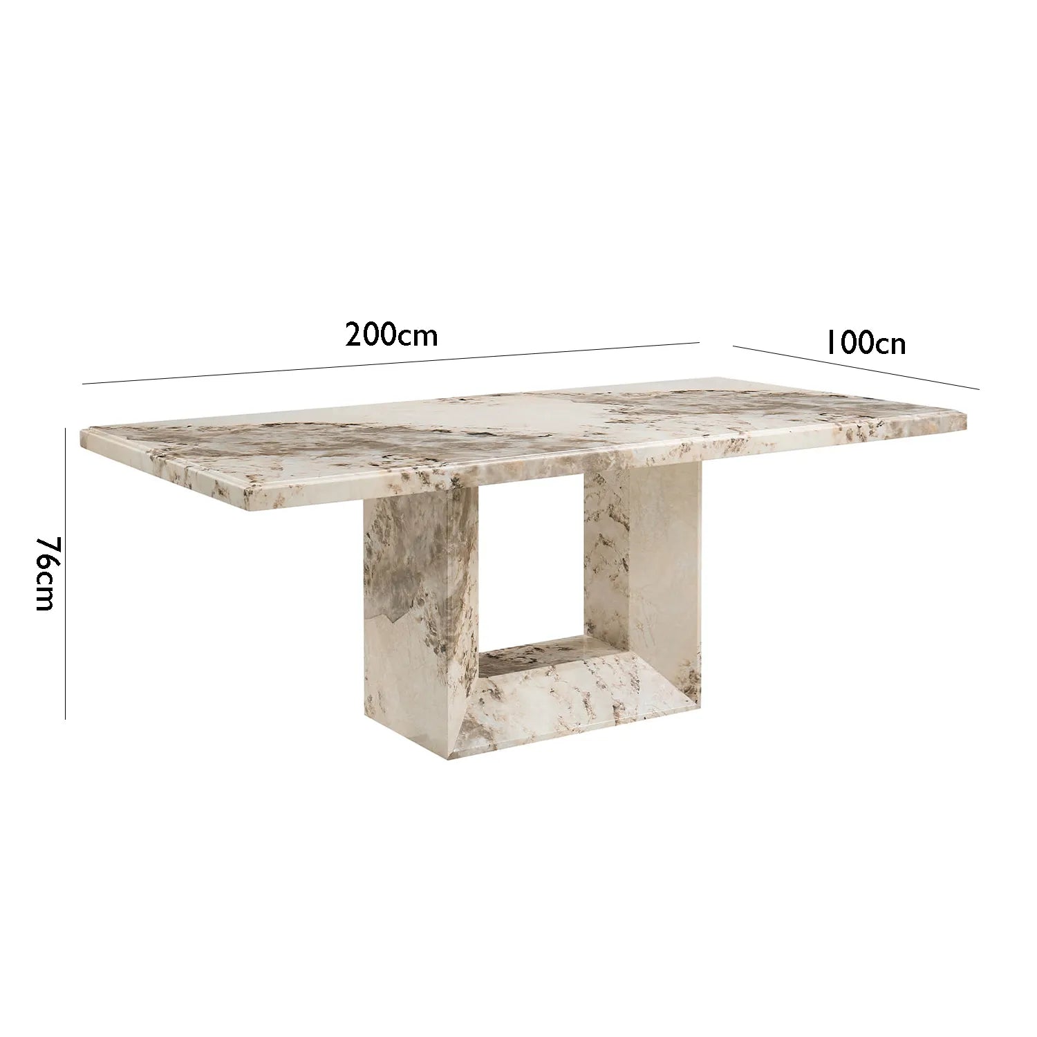 Marble-patterned dining table with dimensions on a white background