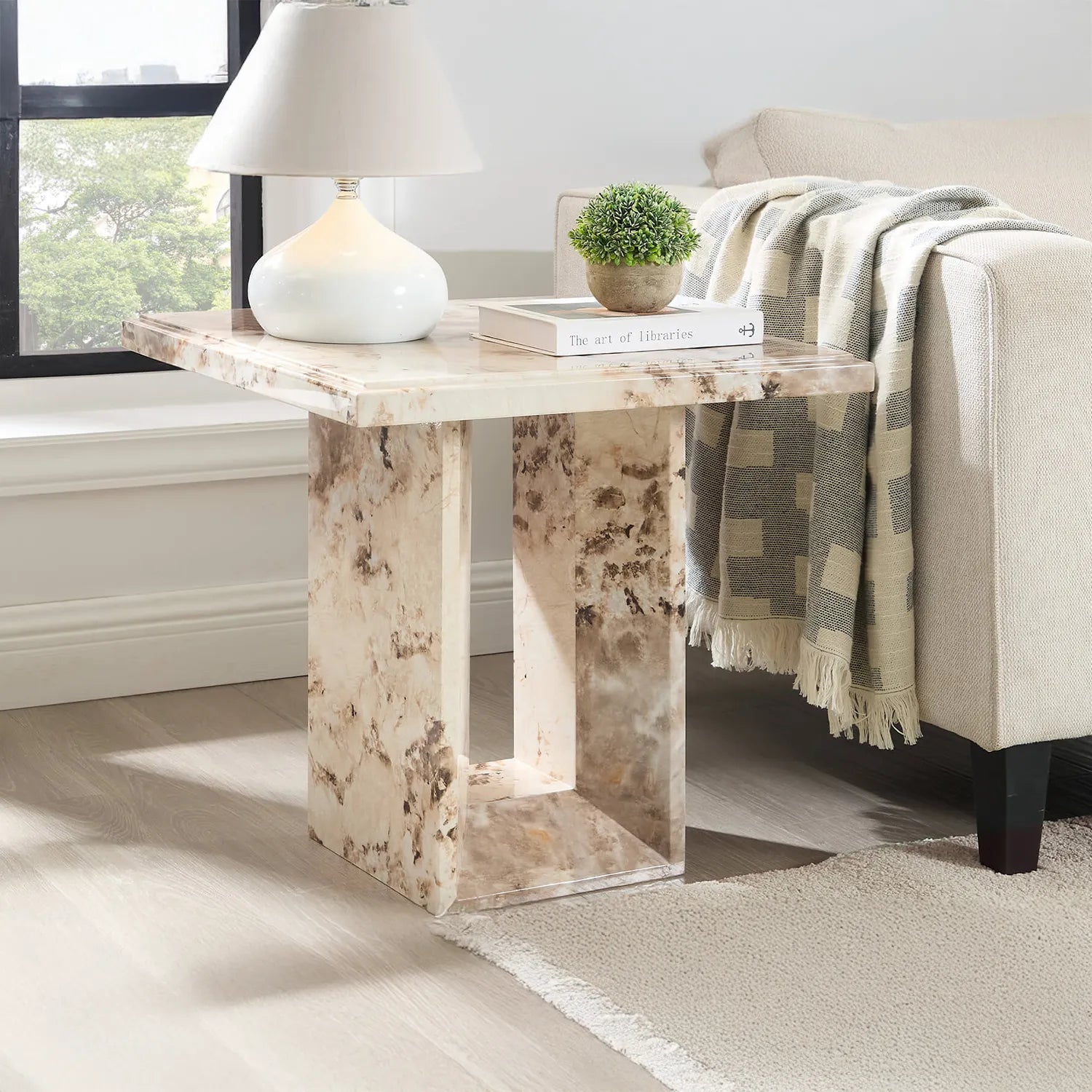 Arsenal Mottled Mocha Marble Lamp Table - Pendle Village Furniture