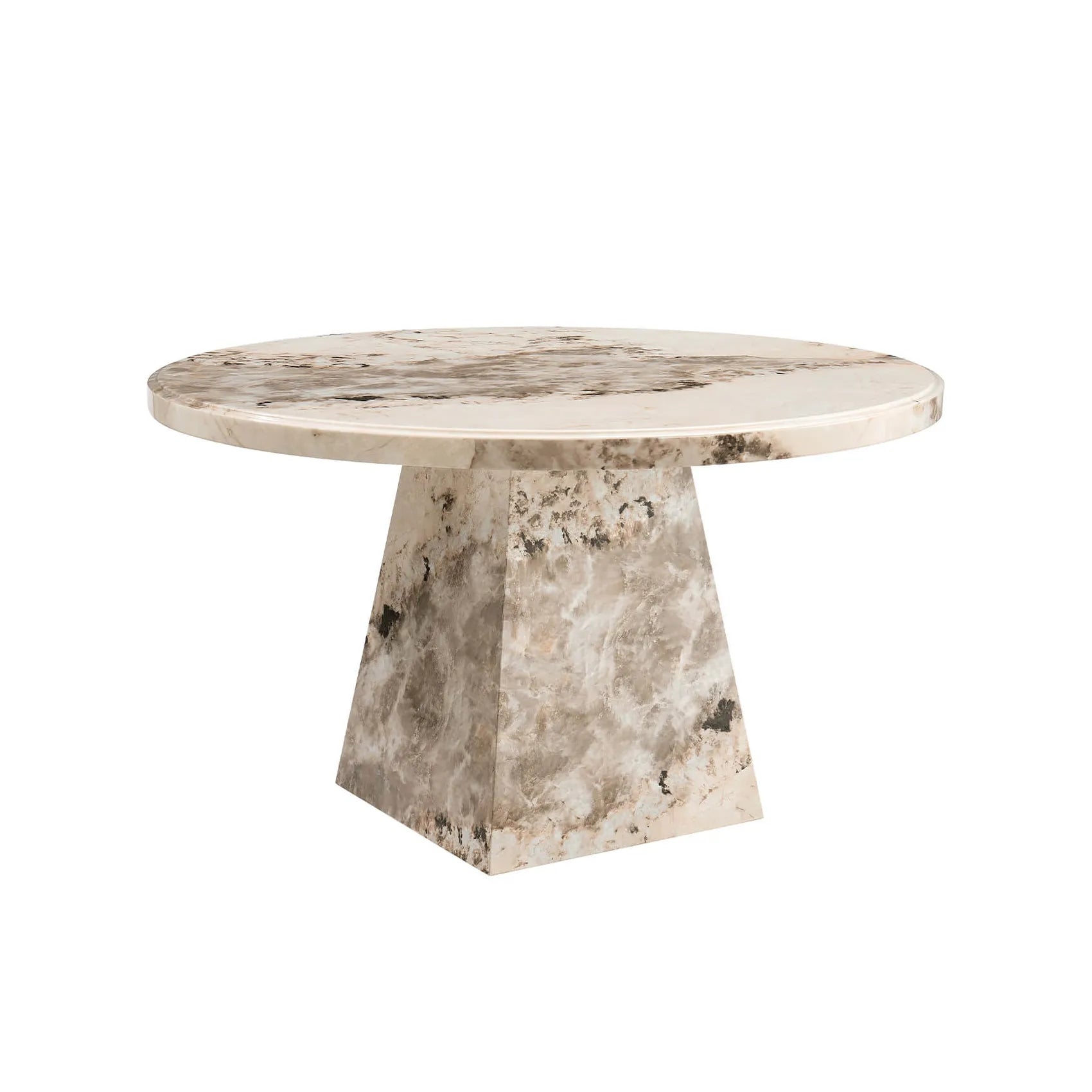 Round marble table with a pedestal base on a white background