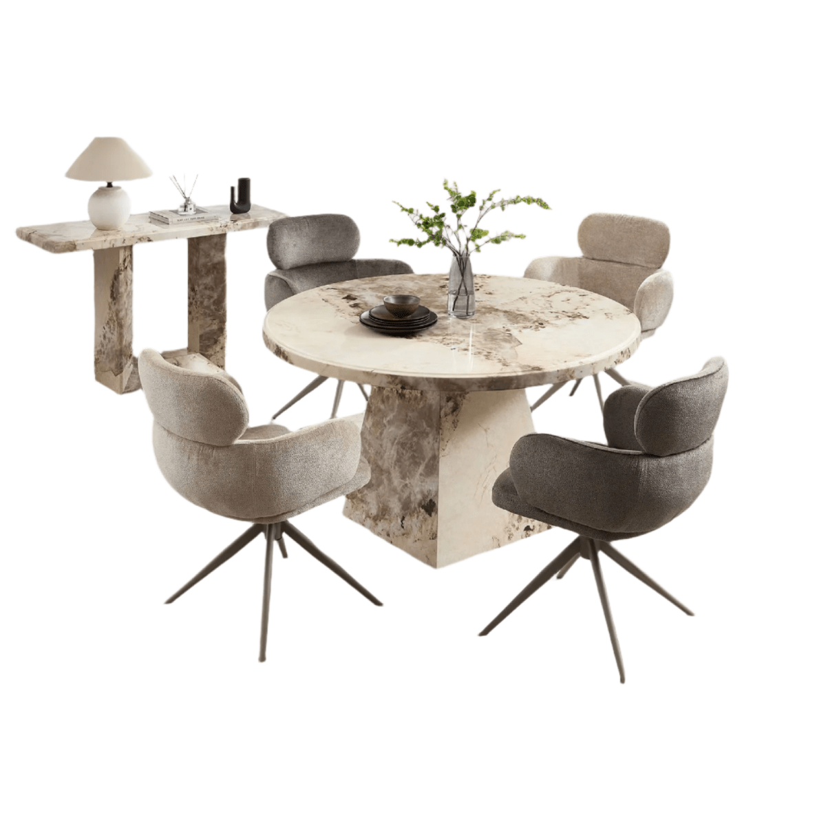 Arsenal Round Mottled Mocha Marble Dining Table with 4 Apollo Swivel Dining Chairs