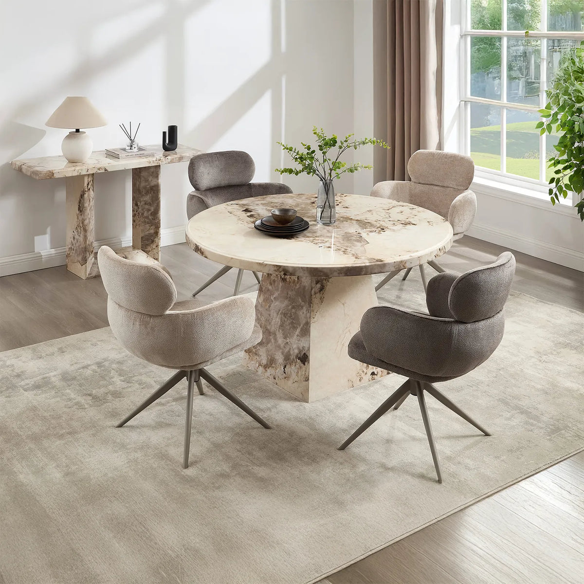 Arsenal Round Mottled Mocha Marble Dining Table with 4 Apollo Swivel Dining Chairs - Pendle Village Furniture