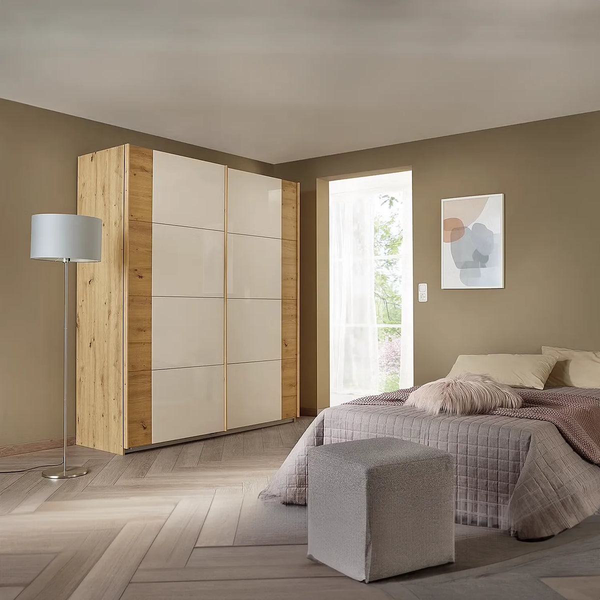 Artemis Oak & Champagne Glass 2 Door Sliding Wardrobe - Pendle Village Furniture