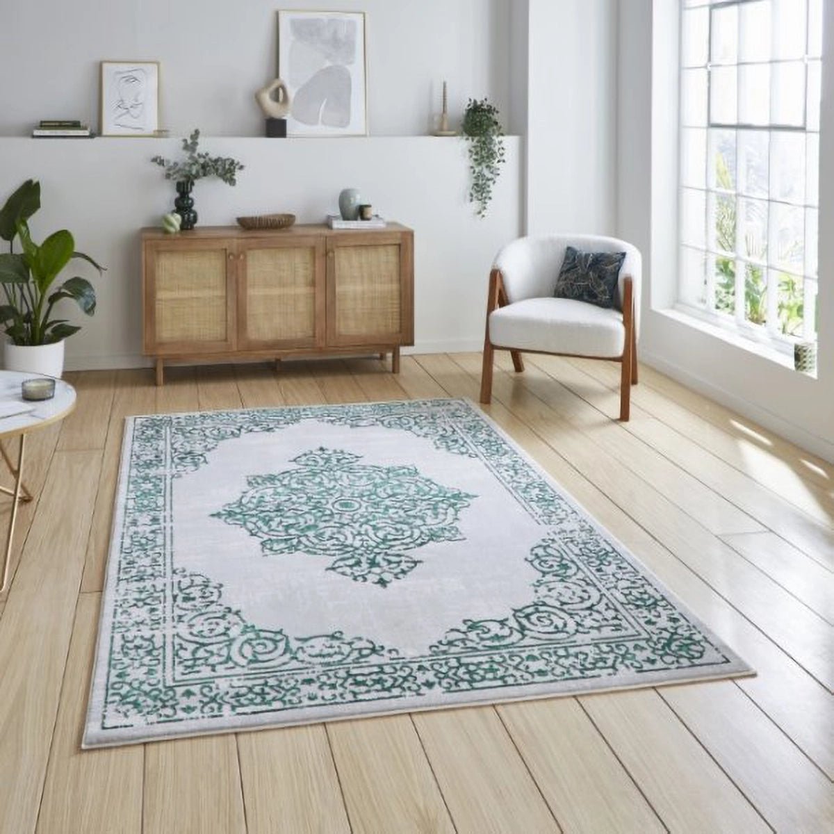 Artemis B9076A Green & Silver rug with metallic detailing and a high-density pile. Durable, luxurious and available in multiple sizes.