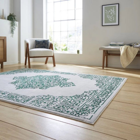 Decorative rug with green patterns on a wooden floor in a bright room.